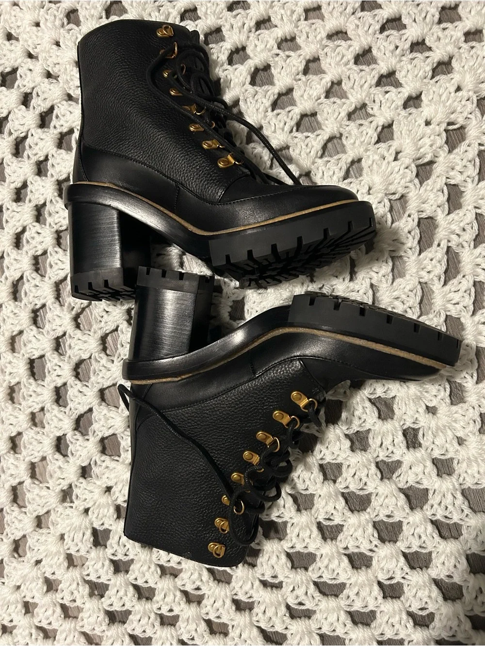 Tory Burch Black Leather Lace-Up Lug Ankle Boots with Gold Hardware